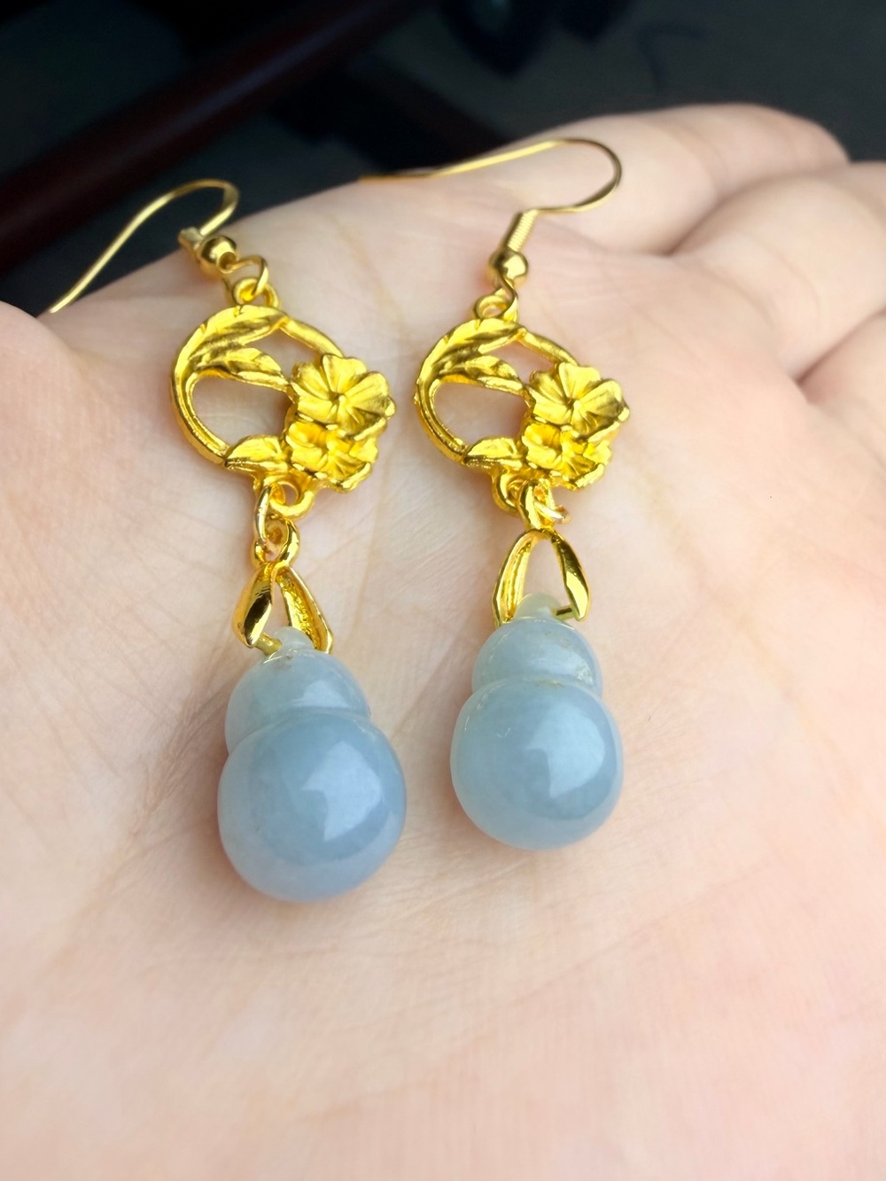 Natural Burmese Jadeite Jade Sky Blue 3D Gourd Earrings